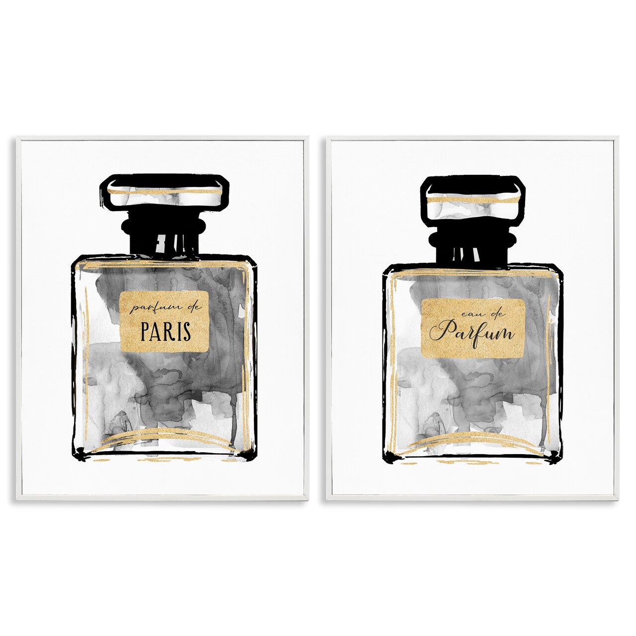Stupell Industries Gray Gold Parfum Bottle 2 pc Framed Giclee Wall Art Set Design by Carol Robinson